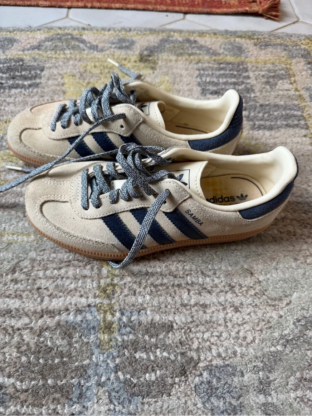 adidas Samba Suede Sneakers in Beige with Navy Stripes